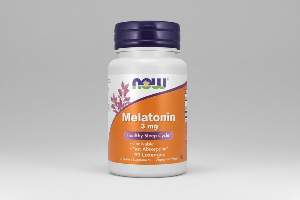 Melatonin supplement bottle with NOW brand on a white background