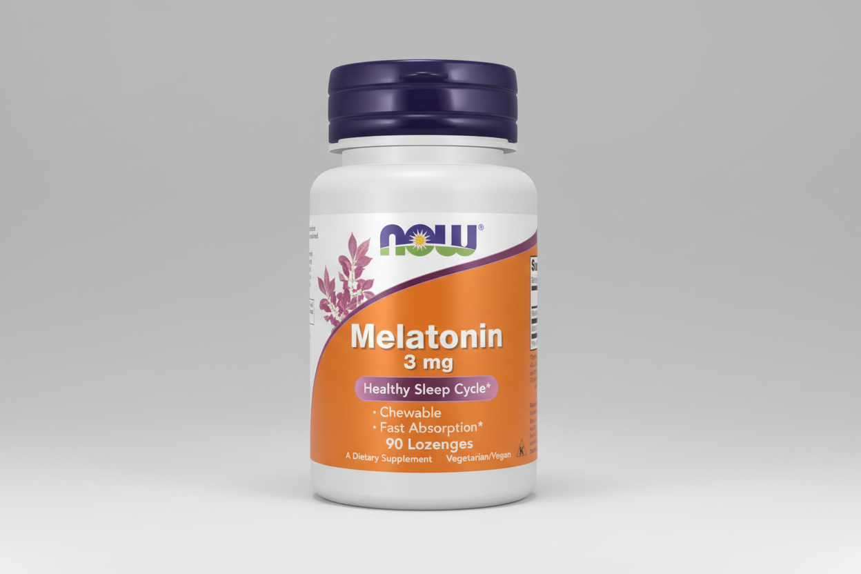 Melatonin supplement bottle with NOW brand on a white background