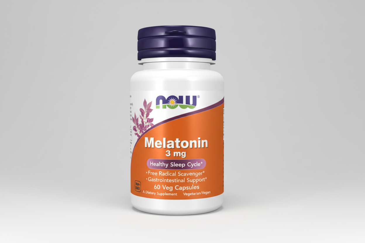 Melatonin supplement bottle with NOW brand on a white background