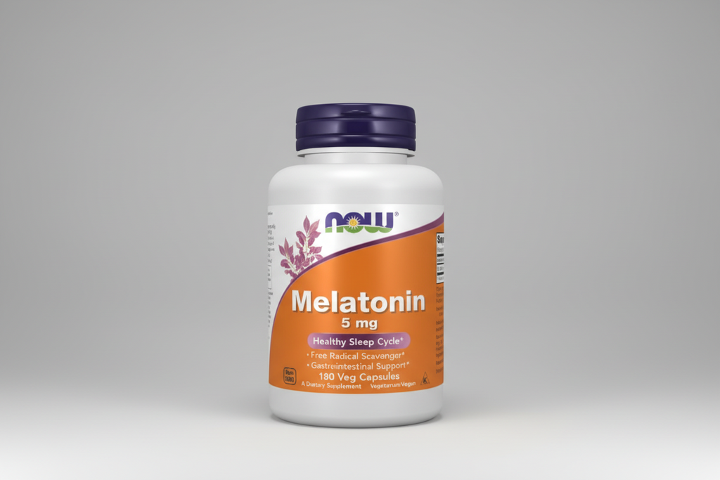 Melatonin supplement bottle with NOW brand on a white background