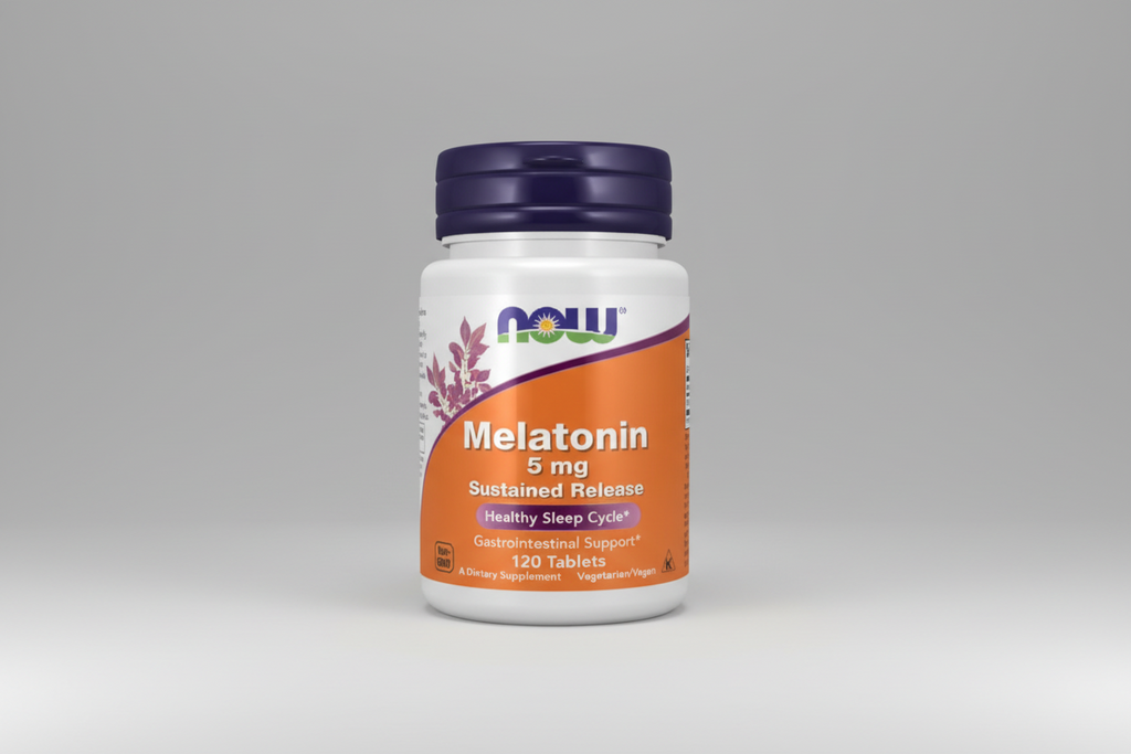 Melatonin supplement bottle with NOW brand on a white background
