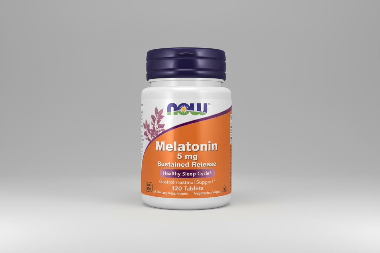 Melatonin supplement bottle with NOW brand on a white background
