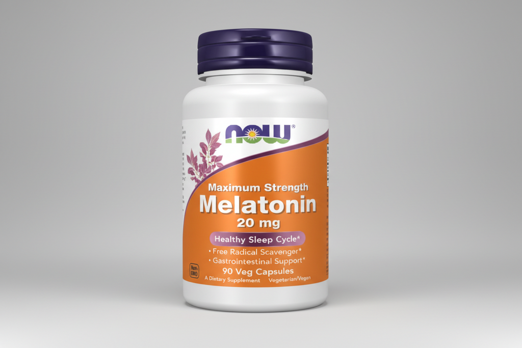 Melatonin supplement bottle with NOW brand on a white background