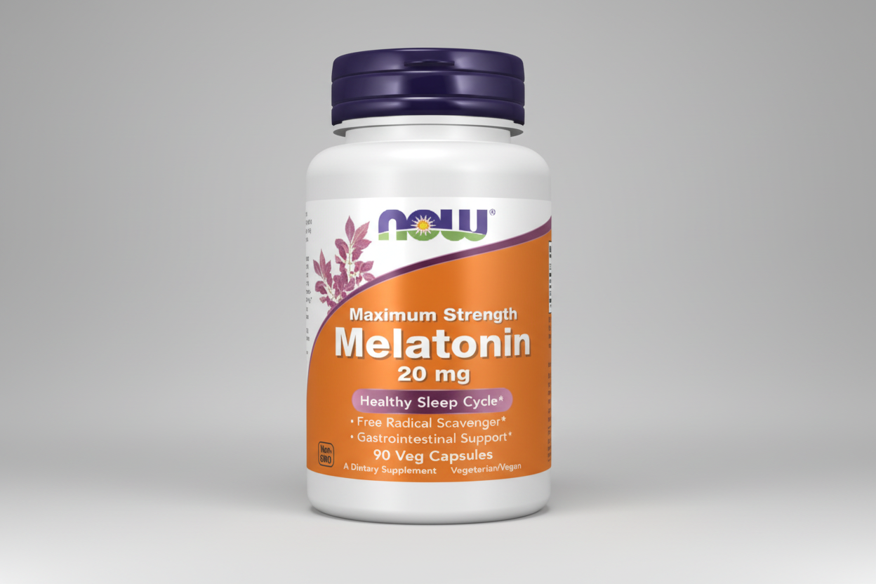 Melatonin supplement bottle with NOW brand on a white background
