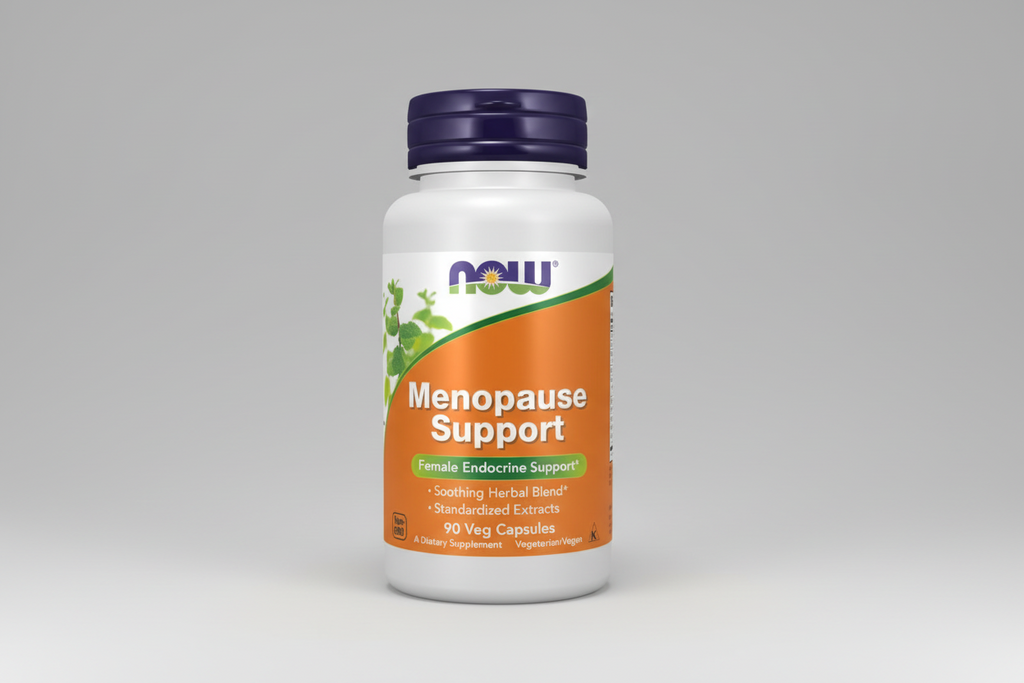 Menopause Support supplement bottle with NOW label on a white background