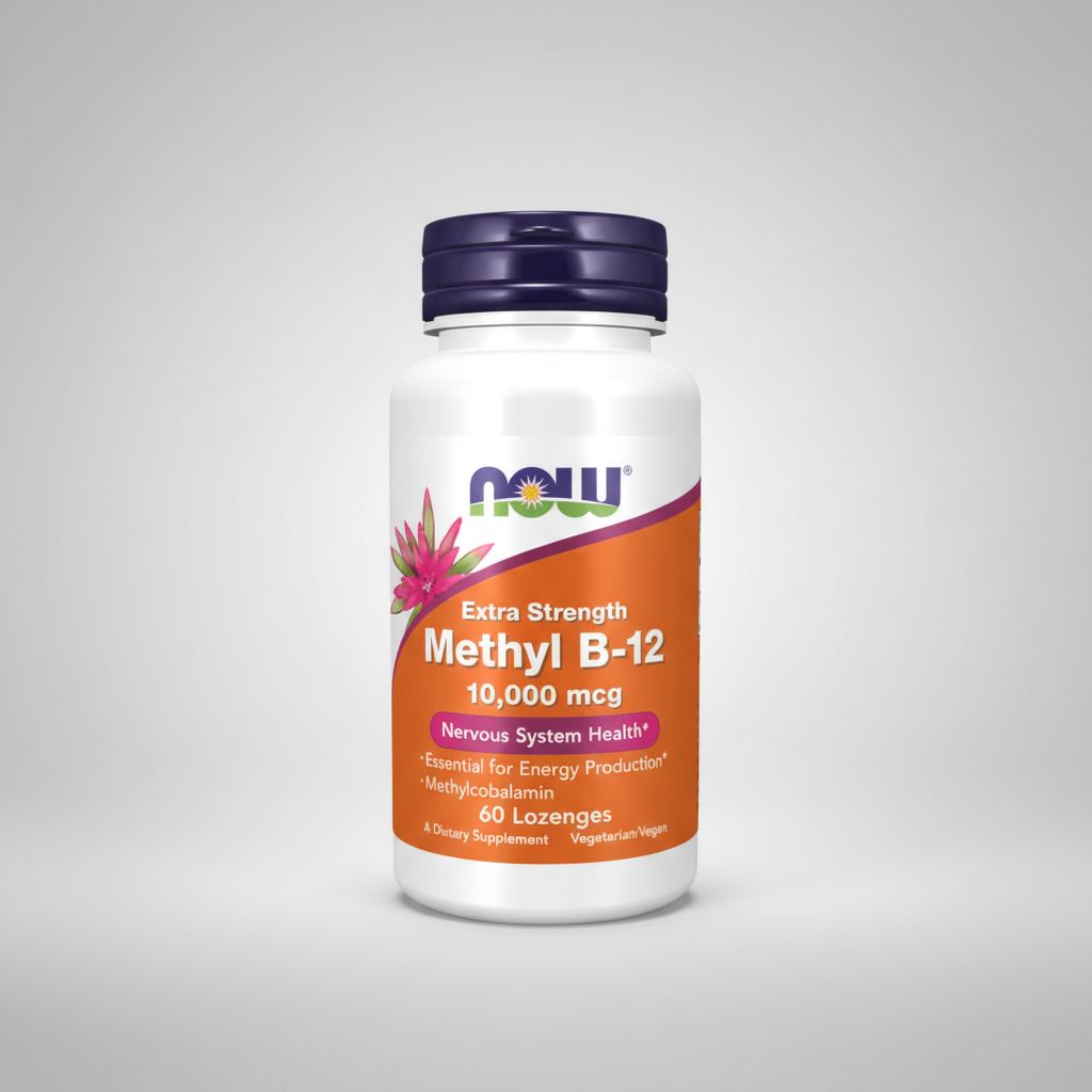Supplement bottle labeled 'Extra Strength Methyl B-12' with NOW brand on a white background