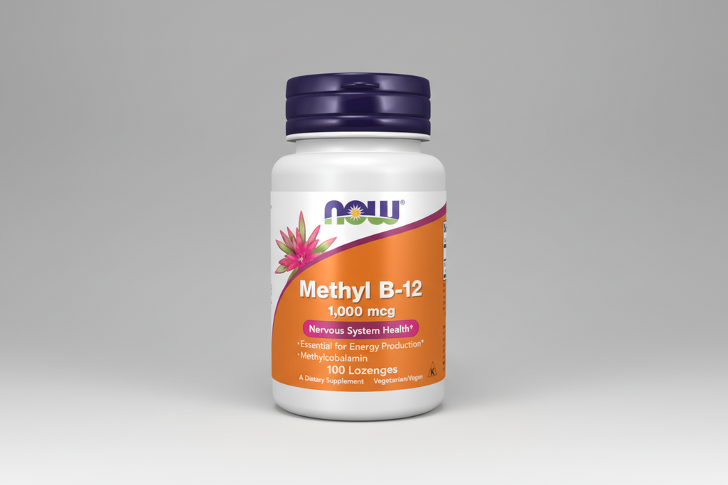 Supplement bottle labeled 'Methyl B-12' with Now brand on a white background