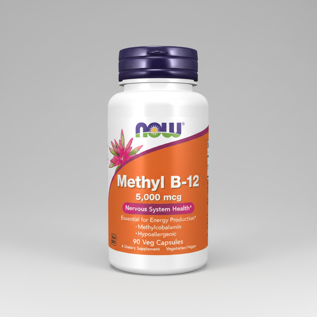 Supplement bottle labeled 'Methyl B-12' with Now brand on a white background