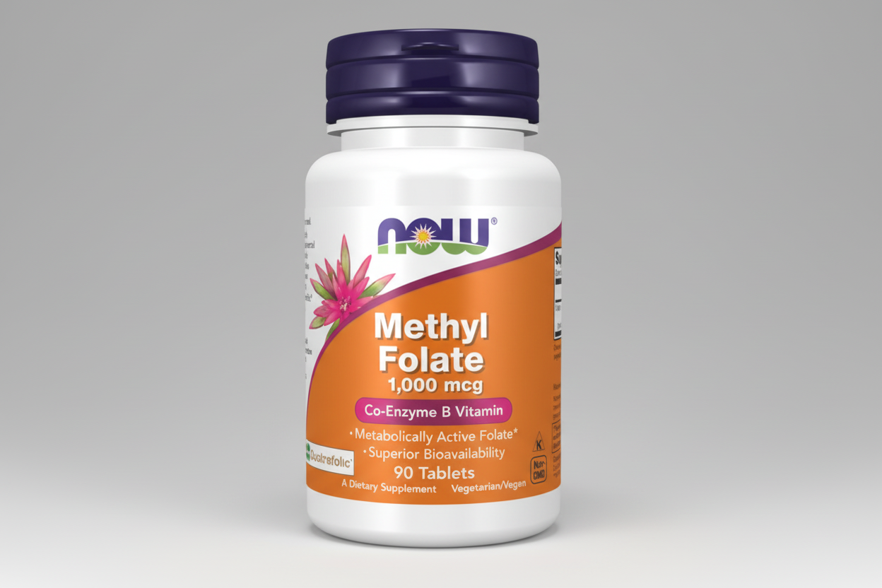 Supplement bottle labeled 'Methyl Folate' with Now brand on a white background