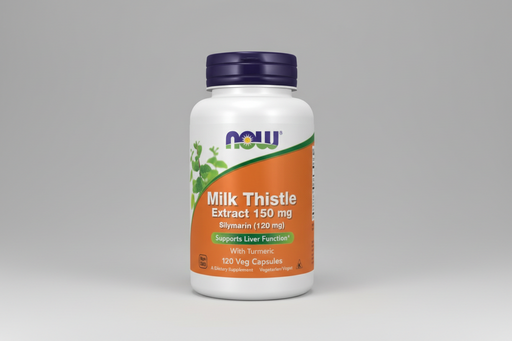 Supplement bottle labeled 'Milk Thistle Extract 150 mg' with NOW brand on an orange background.