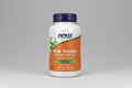 Supplement bottle labeled 'Milk Thistle Extract 150 mg' with NOW brand on an orange background.