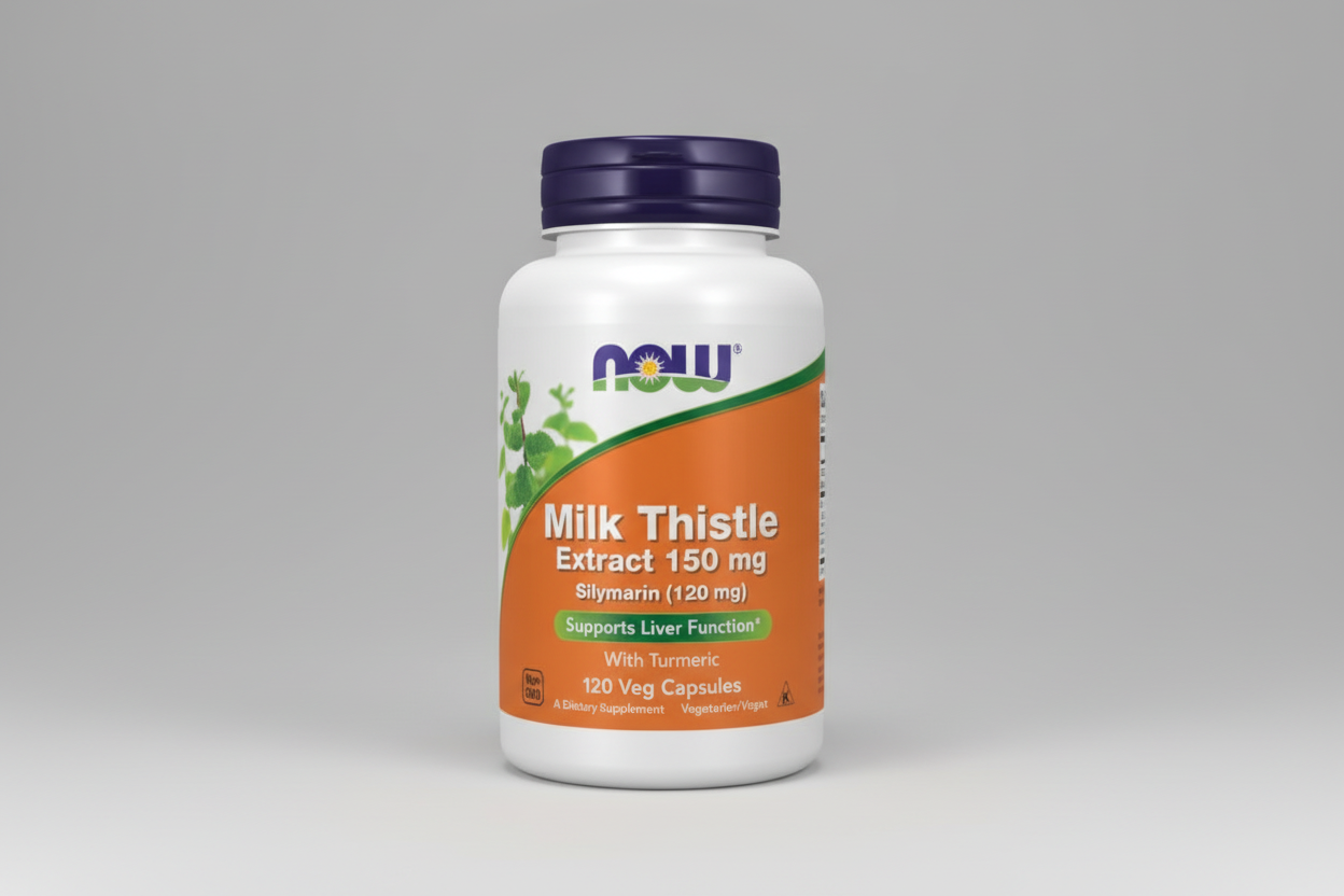 Supplement bottle labeled 'Milk Thistle Extract 150 mg' with NOW brand on an orange background.