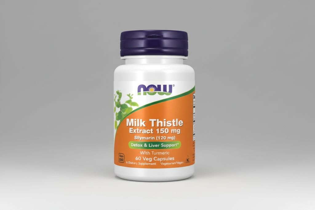 Supplement bottle of Milk Thistle Extract with Now brand label