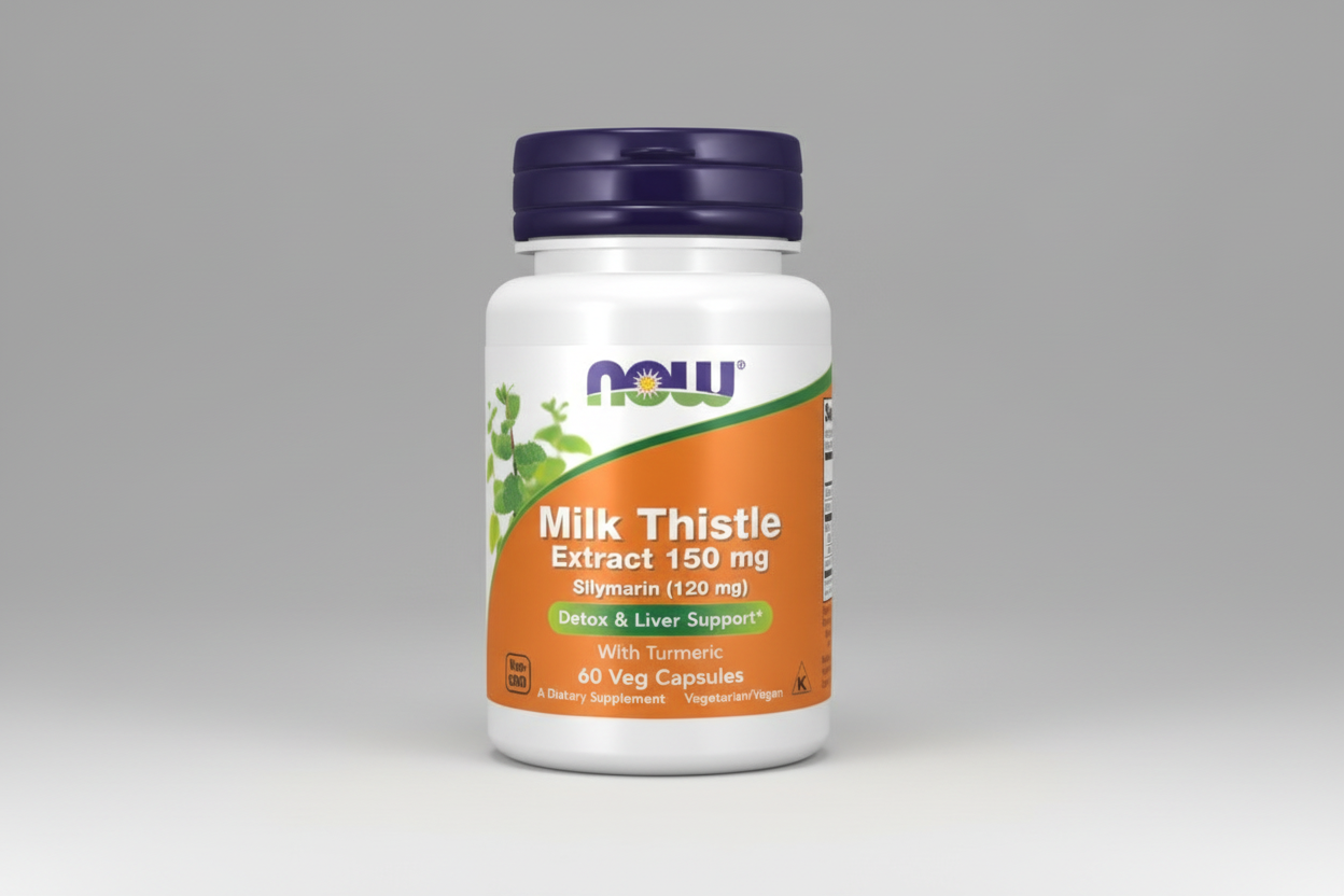 Supplement bottle of Milk Thistle Extract with Now brand label