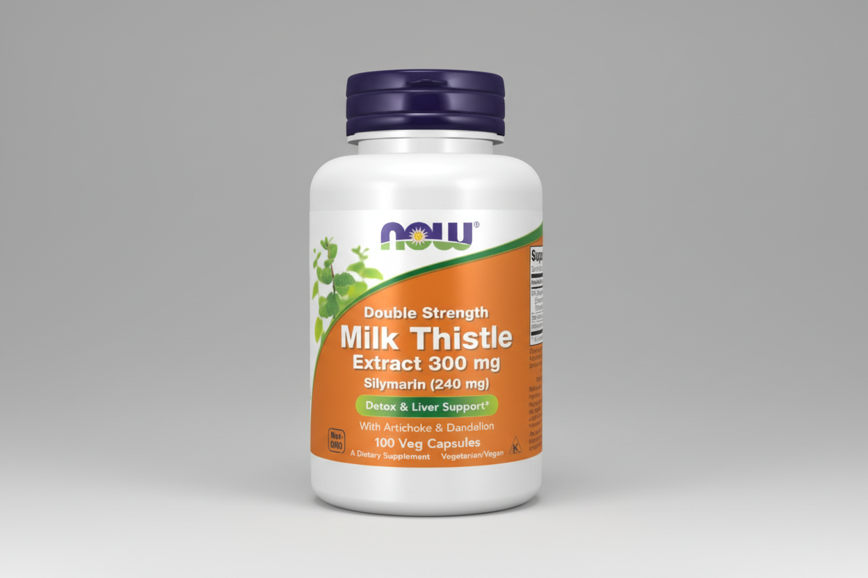 Supplement bottle of Double Strength Milk Thistle Extract with NOW brand label.