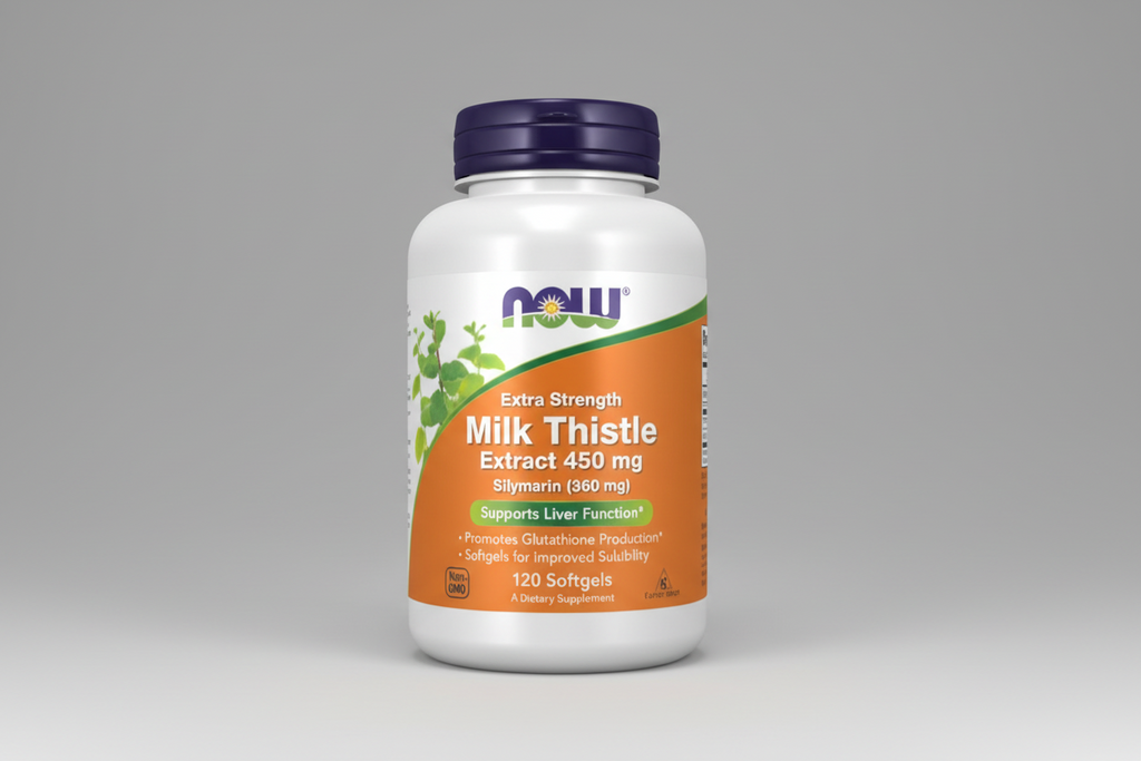 Supplement bottle labeled 'Milk Thistle Extract' with NOW brand on a white background