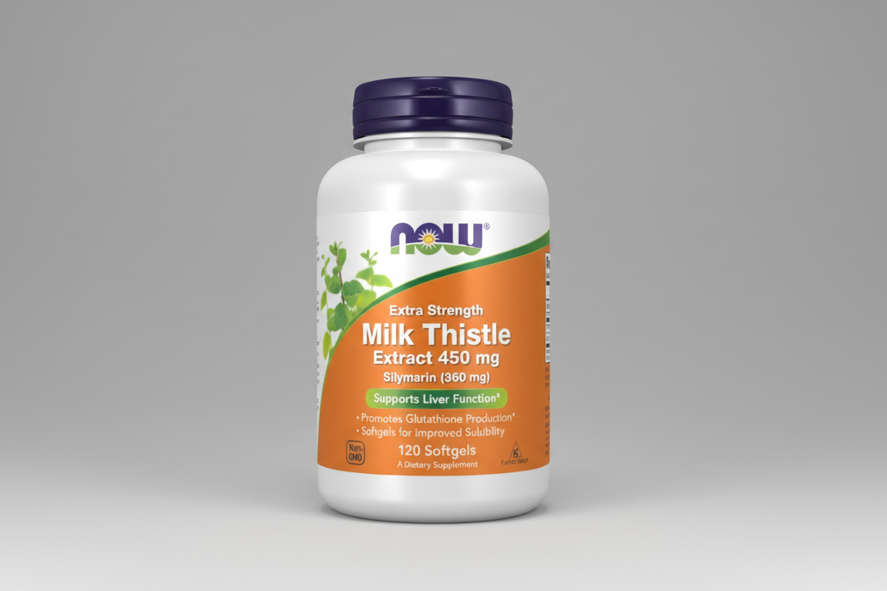 Supplement bottle labeled 'Milk Thistle Extract' with NOW brand on a white background