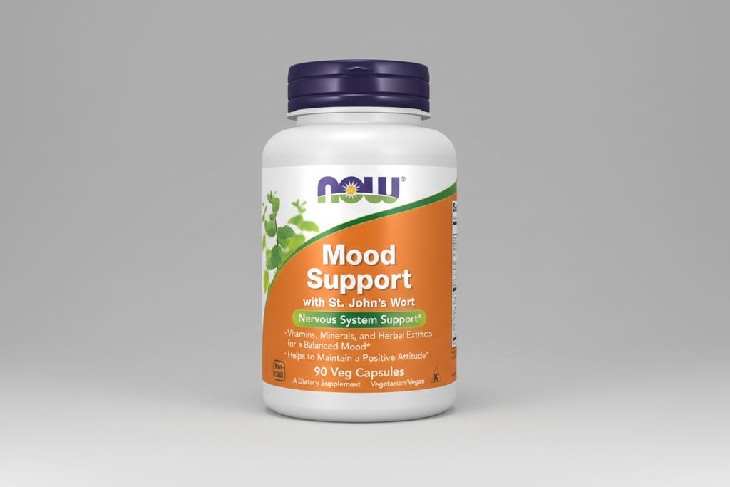 Supplement bottle labeled 'Mood Support with St. John's Wort' by NOW on a white background