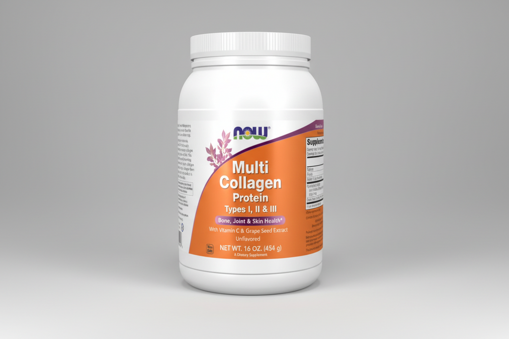 Multi Collagen Protein container with NOW brand on a white background