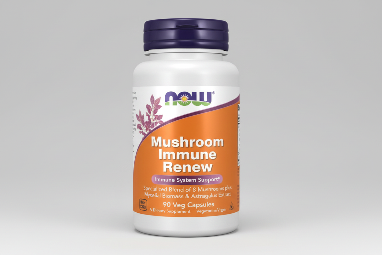 Supplement bottle labeled 'Mushroom Immune Renew' by NOW on a white background