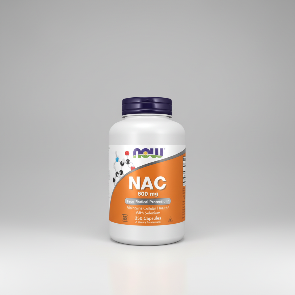 Supplement bottle labeled 'NAC 600 mg' with Now brand on a white background
