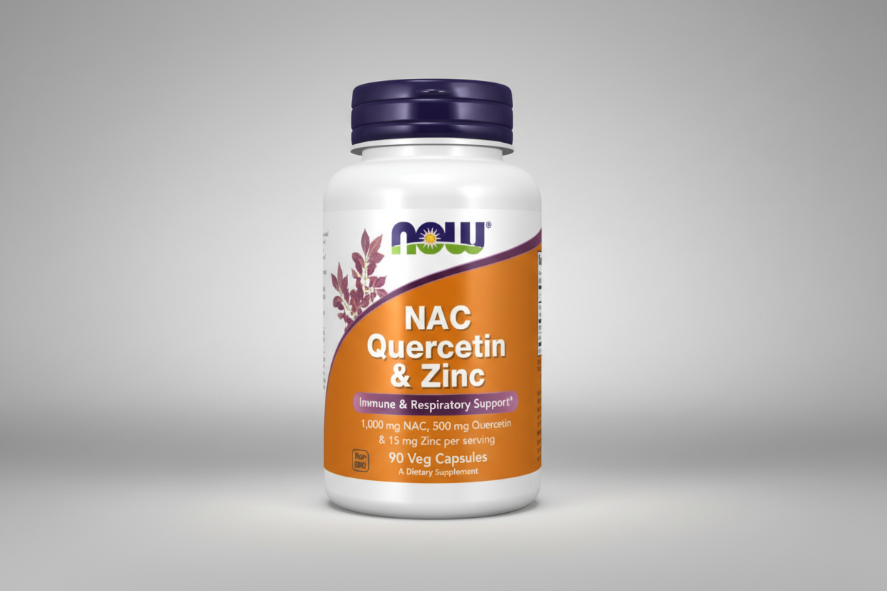 Supplement bottle labeled 'NAC Quercetin & Zinc' by NOW on a white background