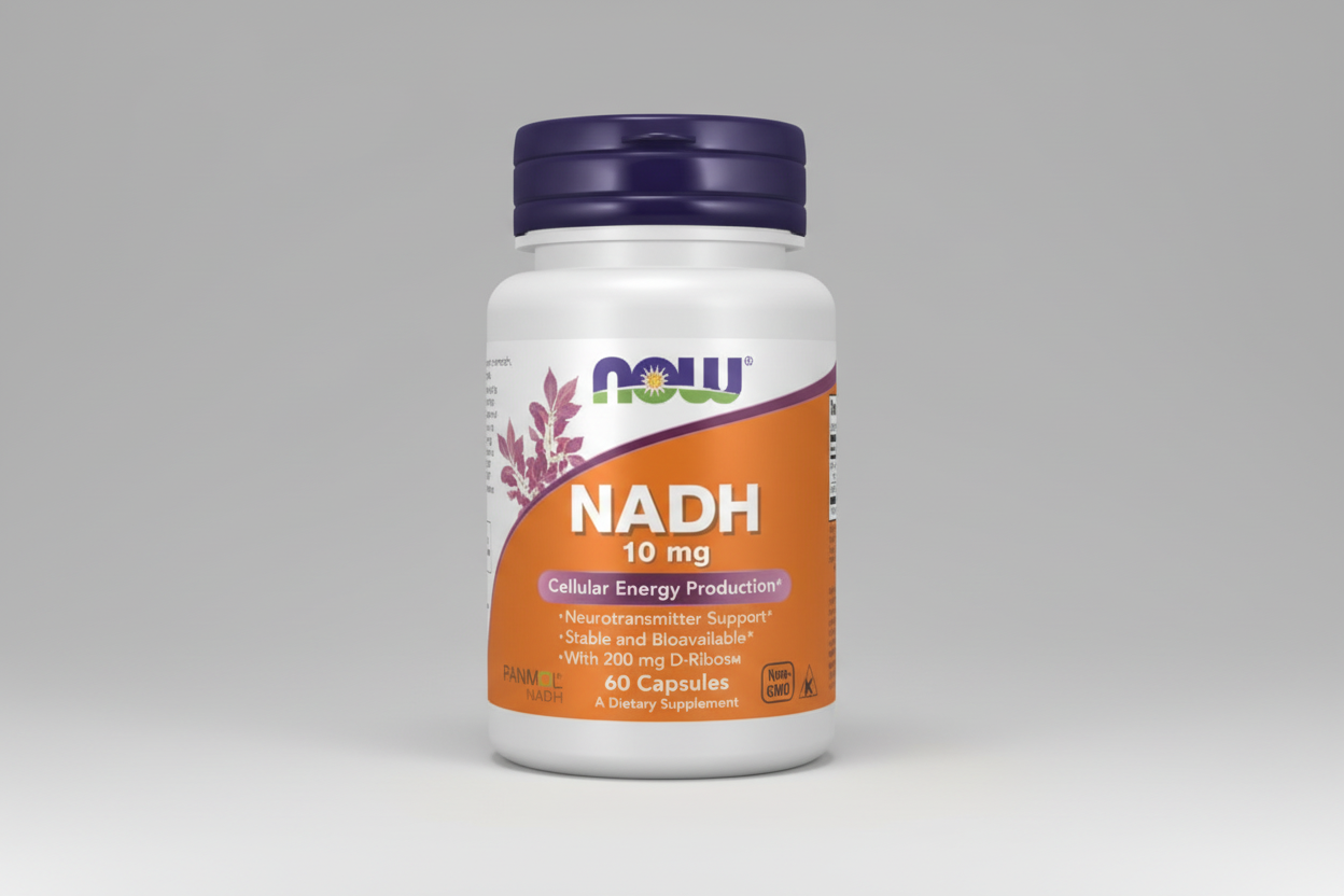 Supplement bottle labeled 'NADH 10 mg' with NOW brand on a white background
