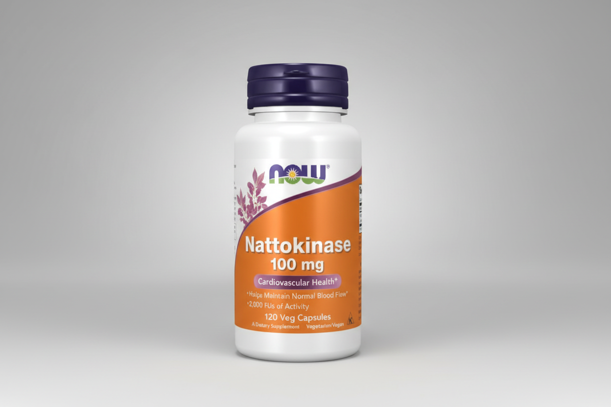 Supplement bottle labeled 'Nattokinase 100 mg' with NOW brand on a white background