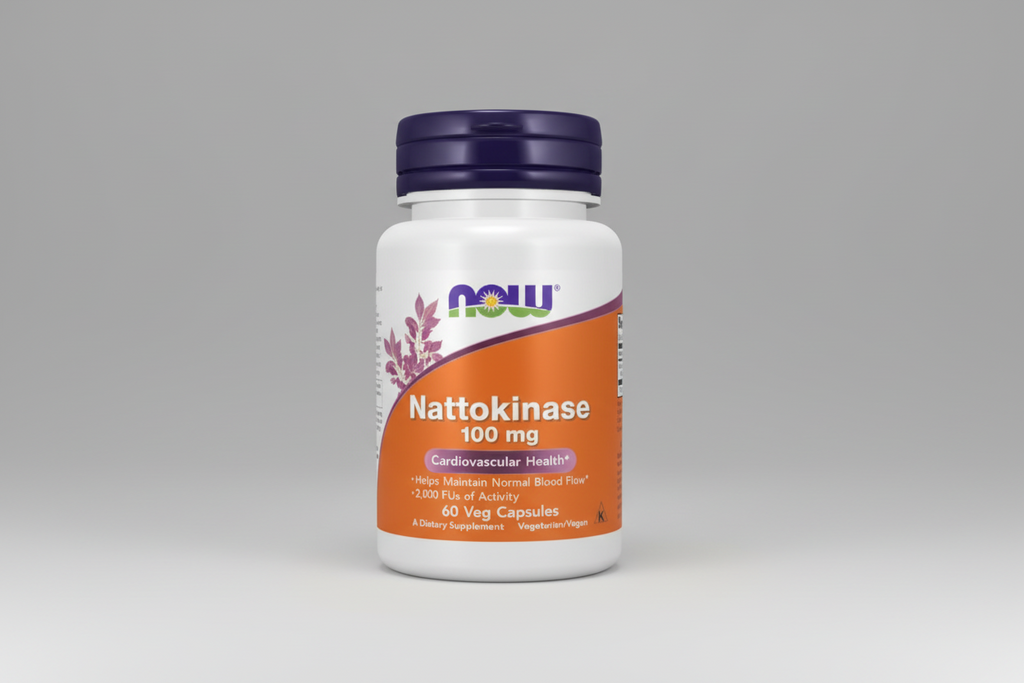 Supplement bottle labeled 'Nattokinase 100 mg' with Now brand on a white background