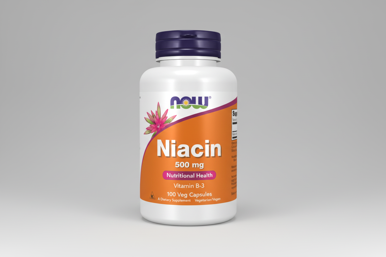 Supplement bottle of Niacin 500 mg with NOW brand on a white background