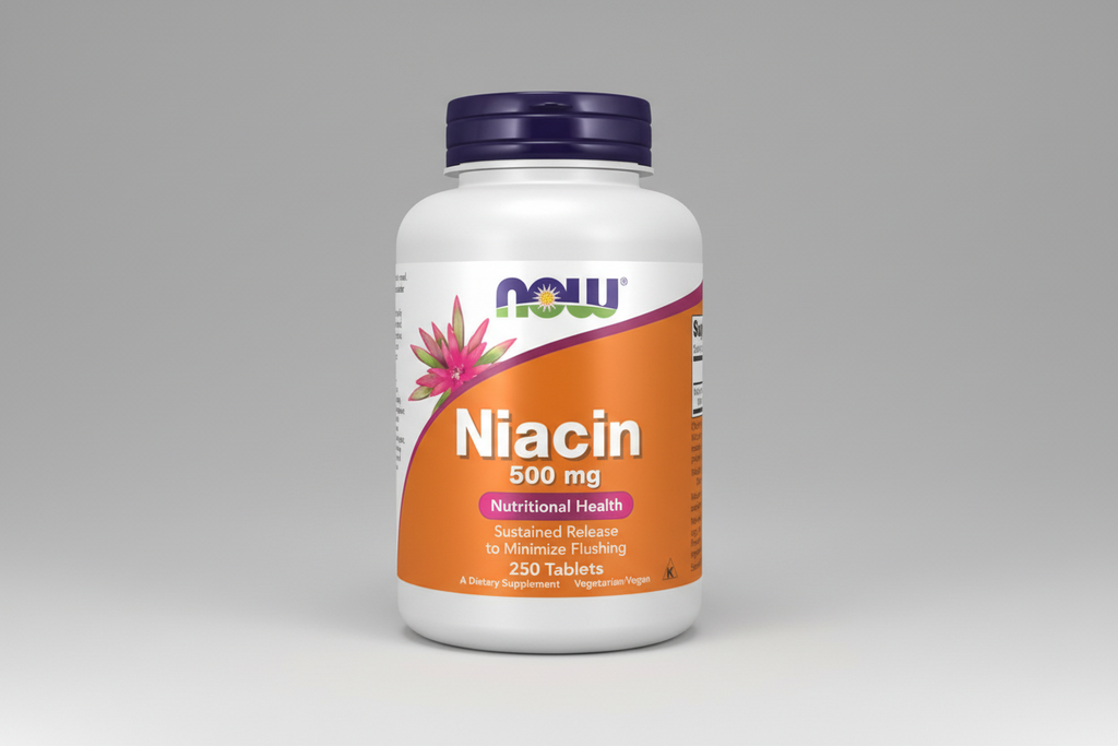 Supplement bottle labeled 'Niacin 500 mg' by NOW on a white background