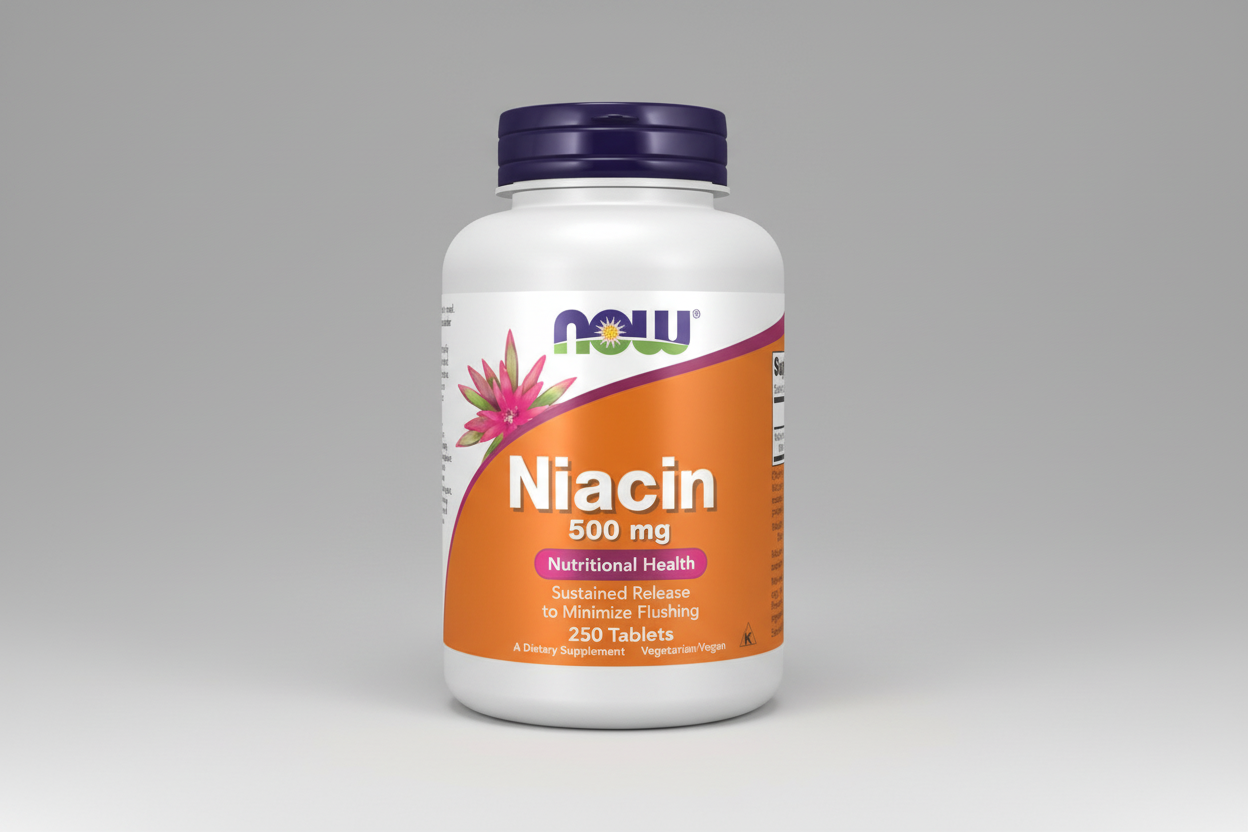 Supplement bottle labeled 'Niacin 500 mg' by NOW on a white background