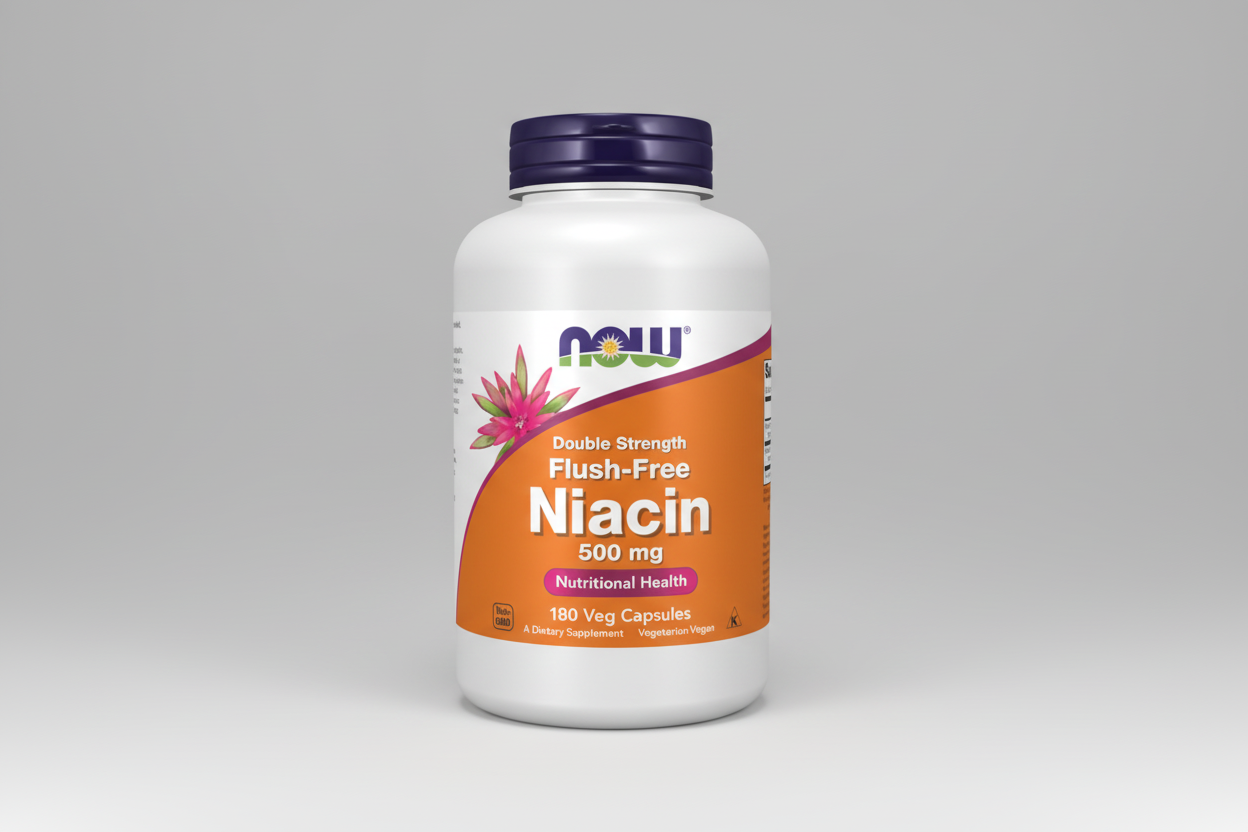 Supplement bottle labeled 'Double Strength Flush-Free Niacin' by NOW on a white background