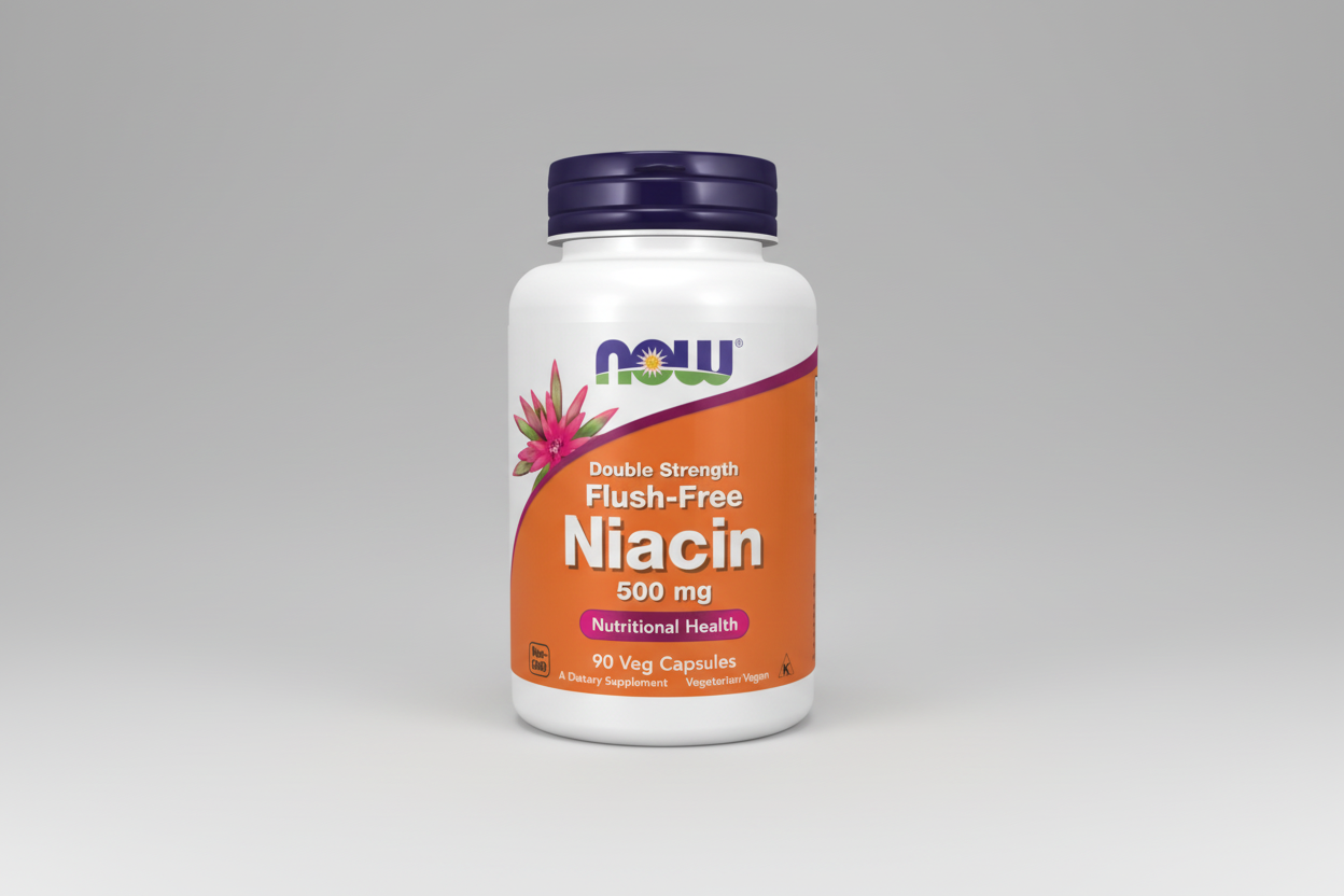Supplement bottle labeled 'Double Strength Flush-Free Niacin 500 mg' by NOW on a white background