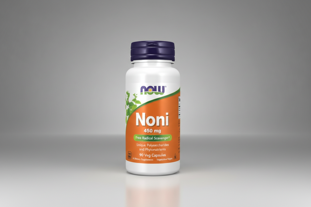 Supplement bottle labeled 'Noni' with a purple cap and orange label on a white background