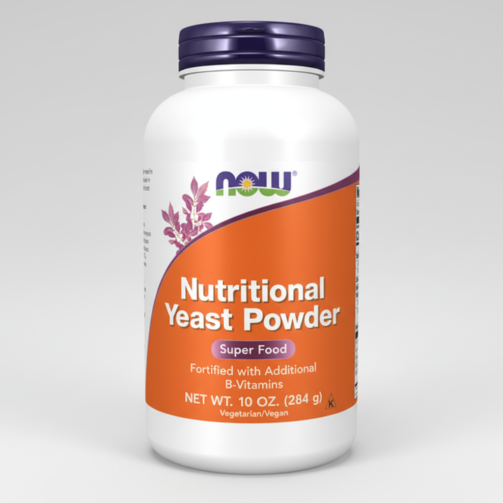 Bottle of Now Foods Nutritional Yeast Powder on a white background