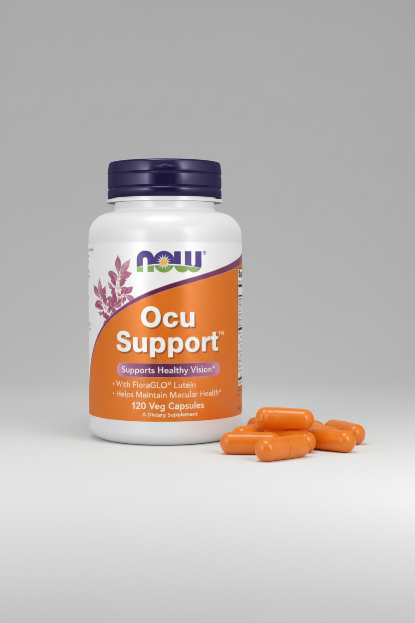 Supplement bottle labeled 'Ocu Support' with NOW brand on an orange and white background