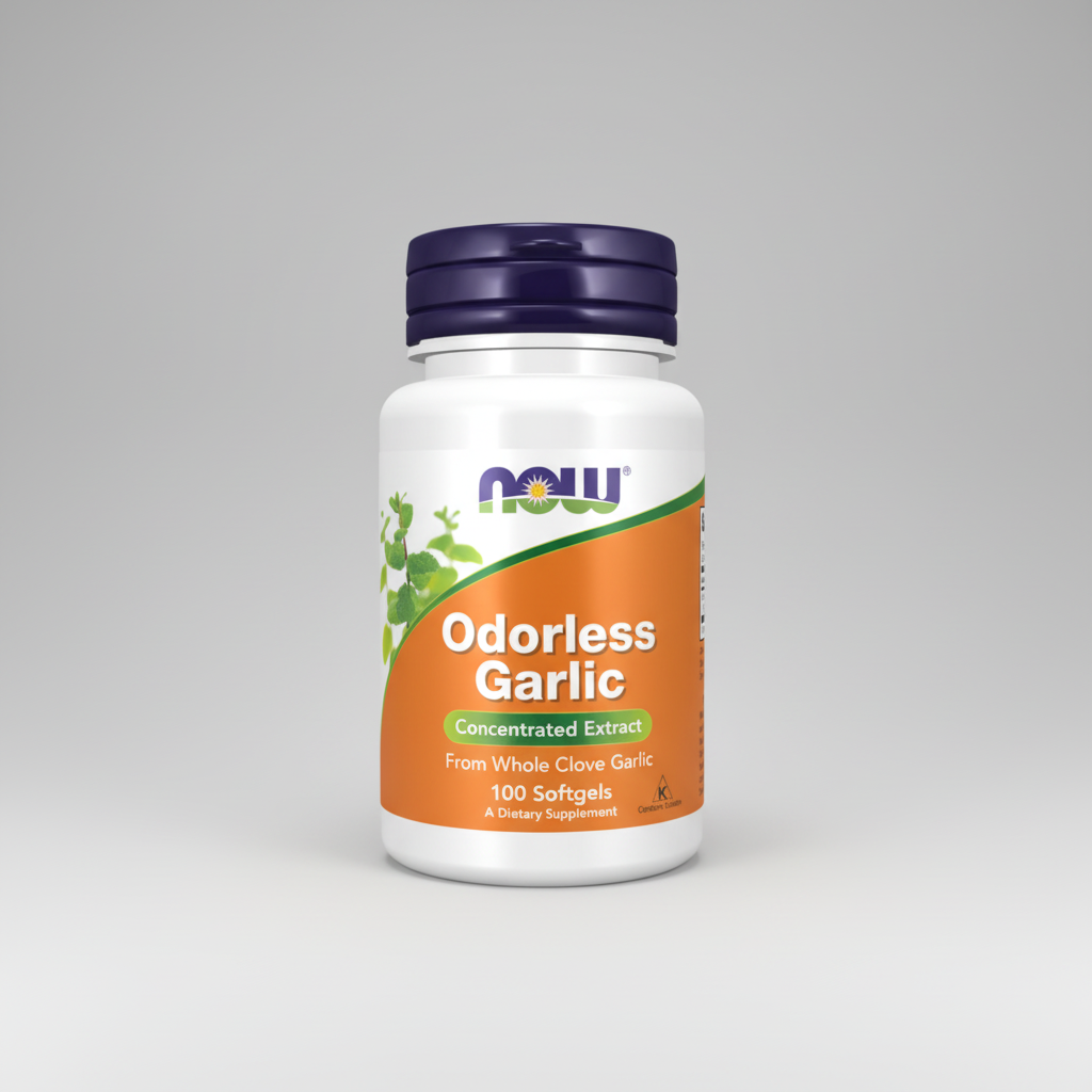 Supplement bottle labeled 'Odorless Garlic' by NOW on a white background