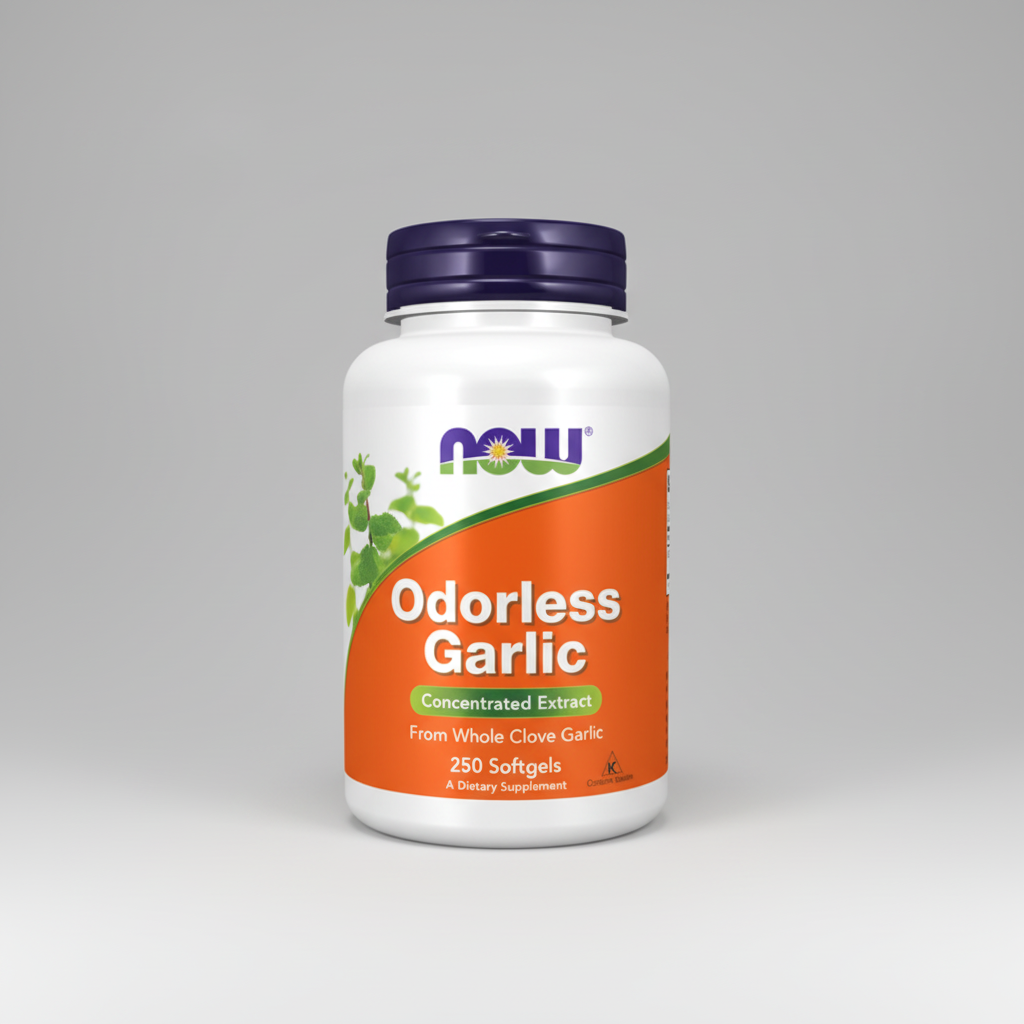 Supplement bottle labeled 'Odorless Garlic' with NOW brand on a white background