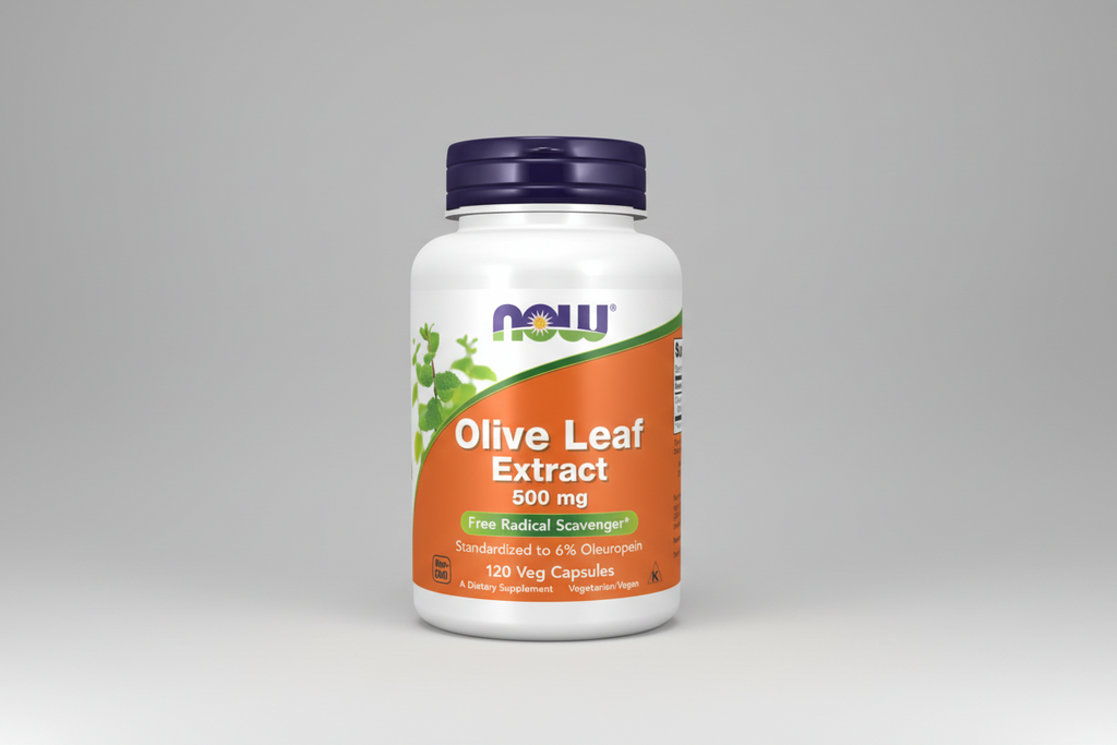 Olive Leaf Extract supplement bottle with NOW brand on a white background