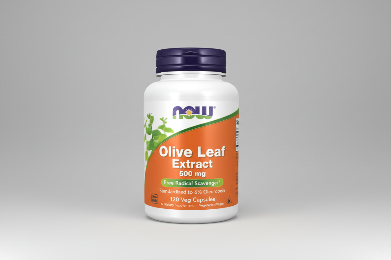 Olive Leaf Extract supplement bottle with NOW brand on a white background