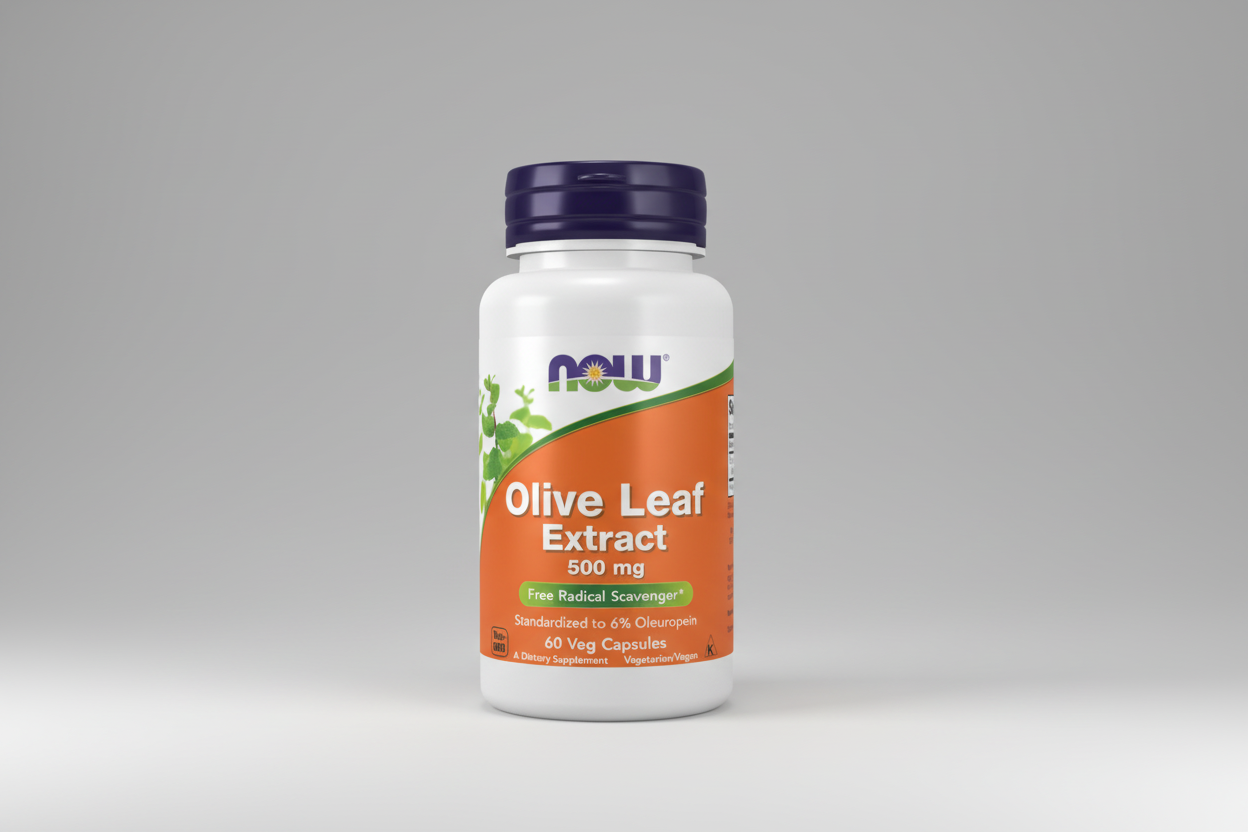 Supplement bottle of Olive Leaf Extract with NOW brand on a white background