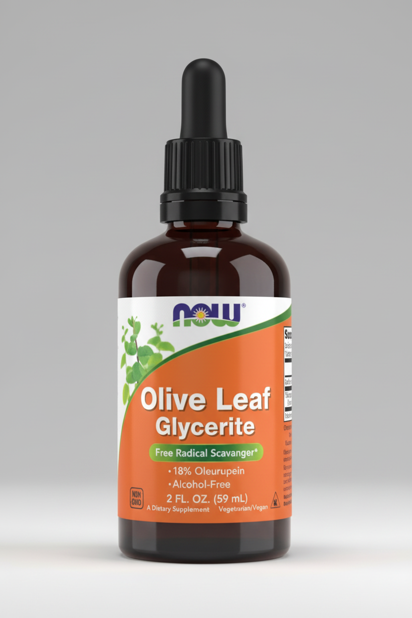 Bottle of Olive Leaf Glycerite supplement with dropper on a white background