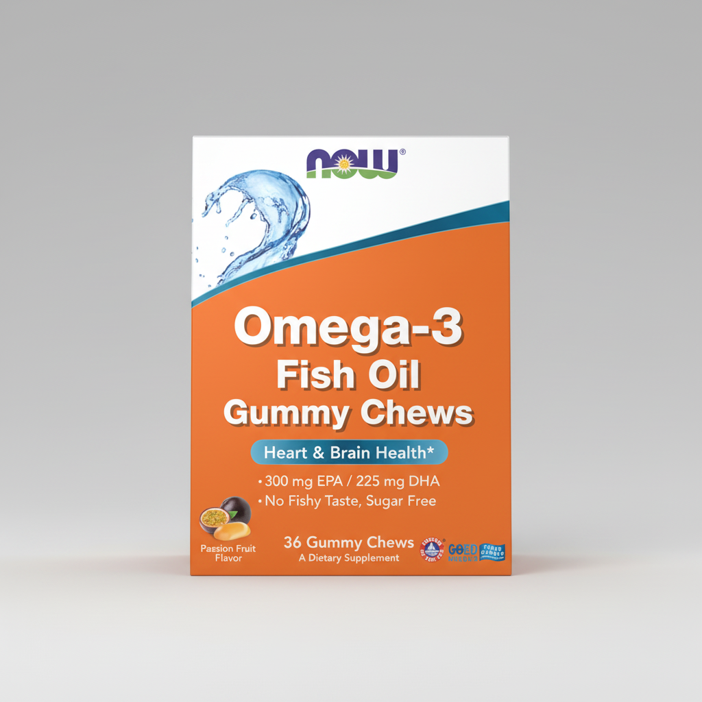Box of NOW Omega-3 Fish Oil Gummy Chews on a white background