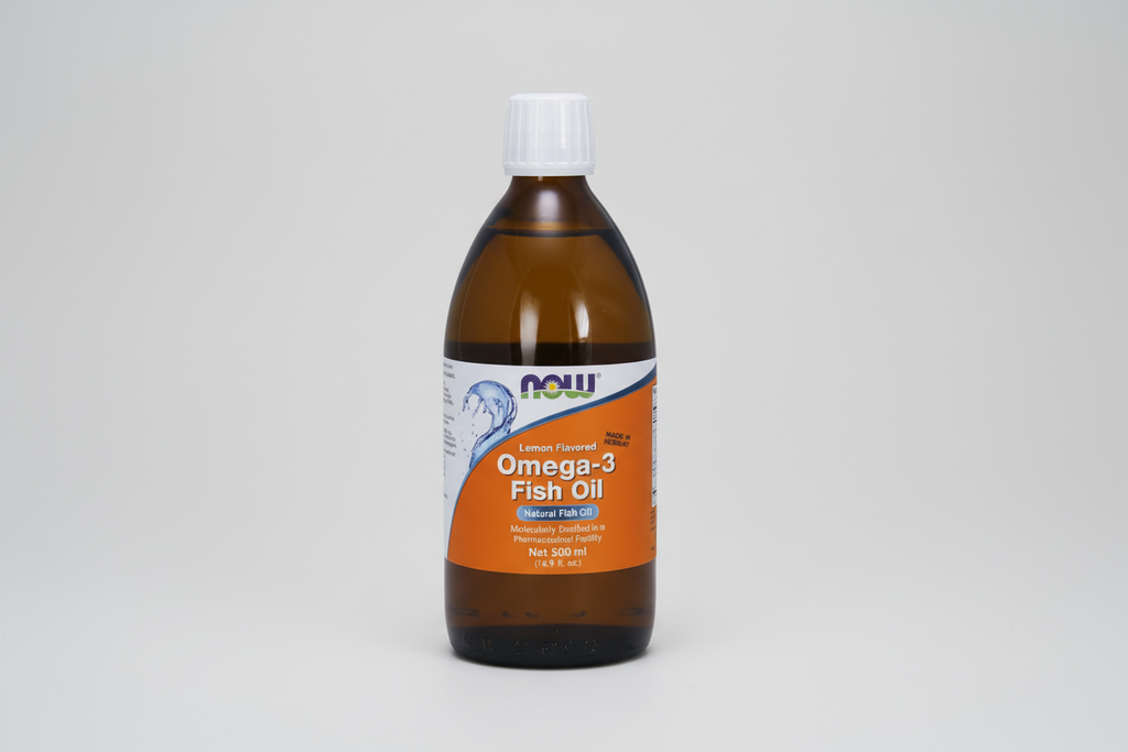 Bottle of NOW Omega-3 Fish Oil on a white background