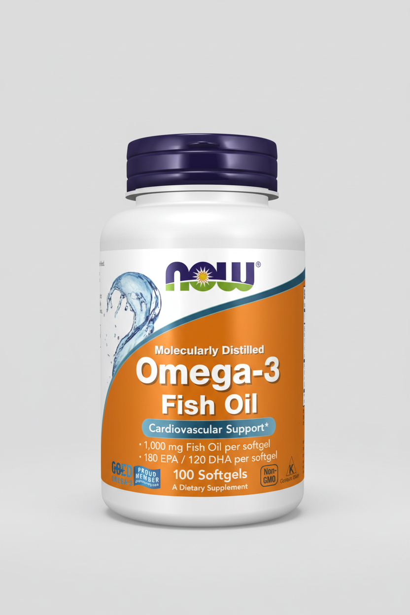 Omega-3 Fish Oil supplement bottle with NOW brand on a white background
