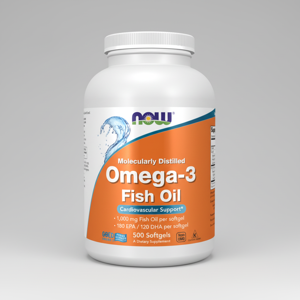 Omega-3 Fish Oil supplement bottle with NOW brand on a white background