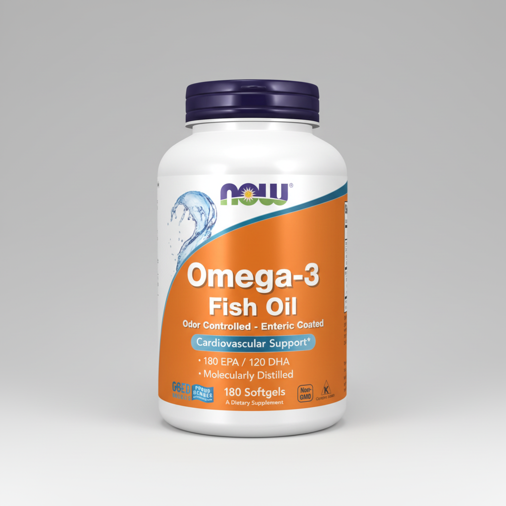 Omega-3 Fish Oil supplement bottle with NOW brand on a white background
