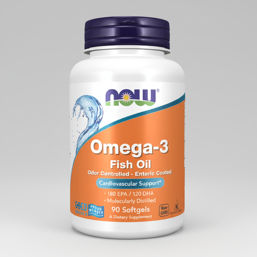 Omega-3 Fish Oil supplement bottle with NOW brand on a white background