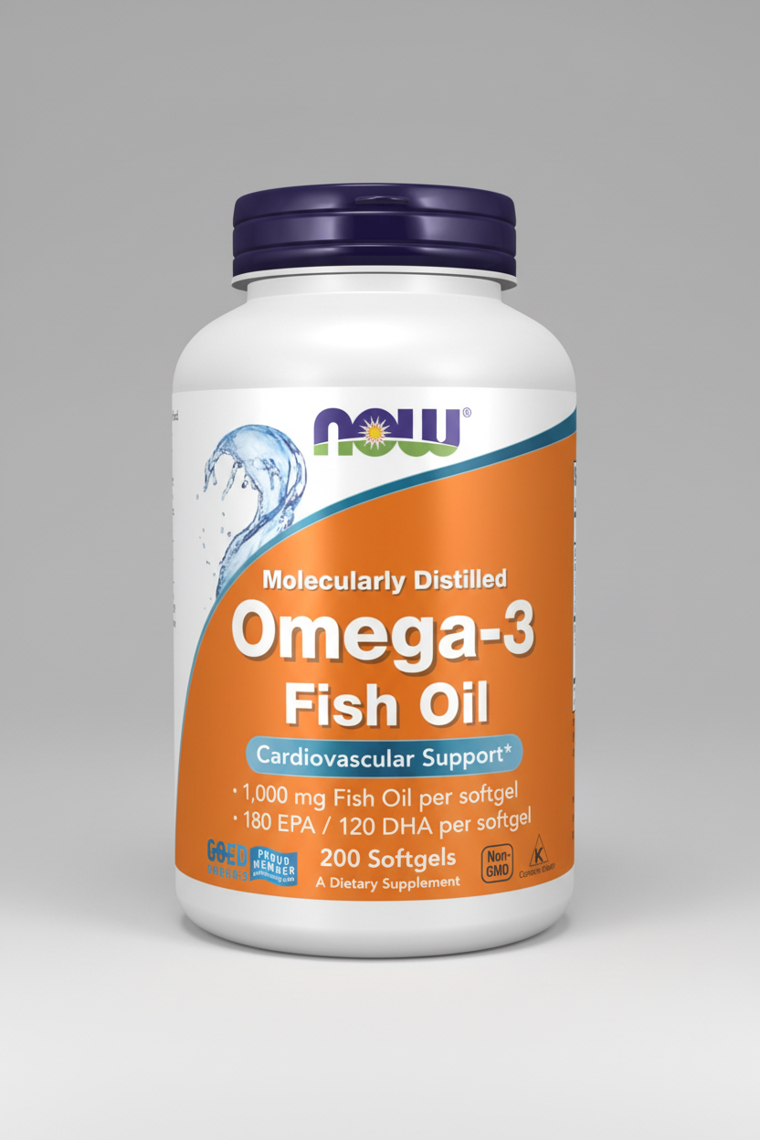 Omega-3 Fish Oil supplement bottle with NOW brand on a white background